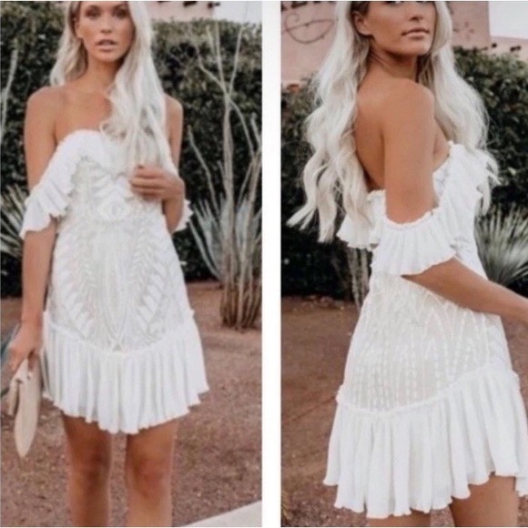 Saints + Secrets Ivory Sheer Overlay Lace Ruffled Off Shoulder‎ Dress Women's S - Picture 3 of 11